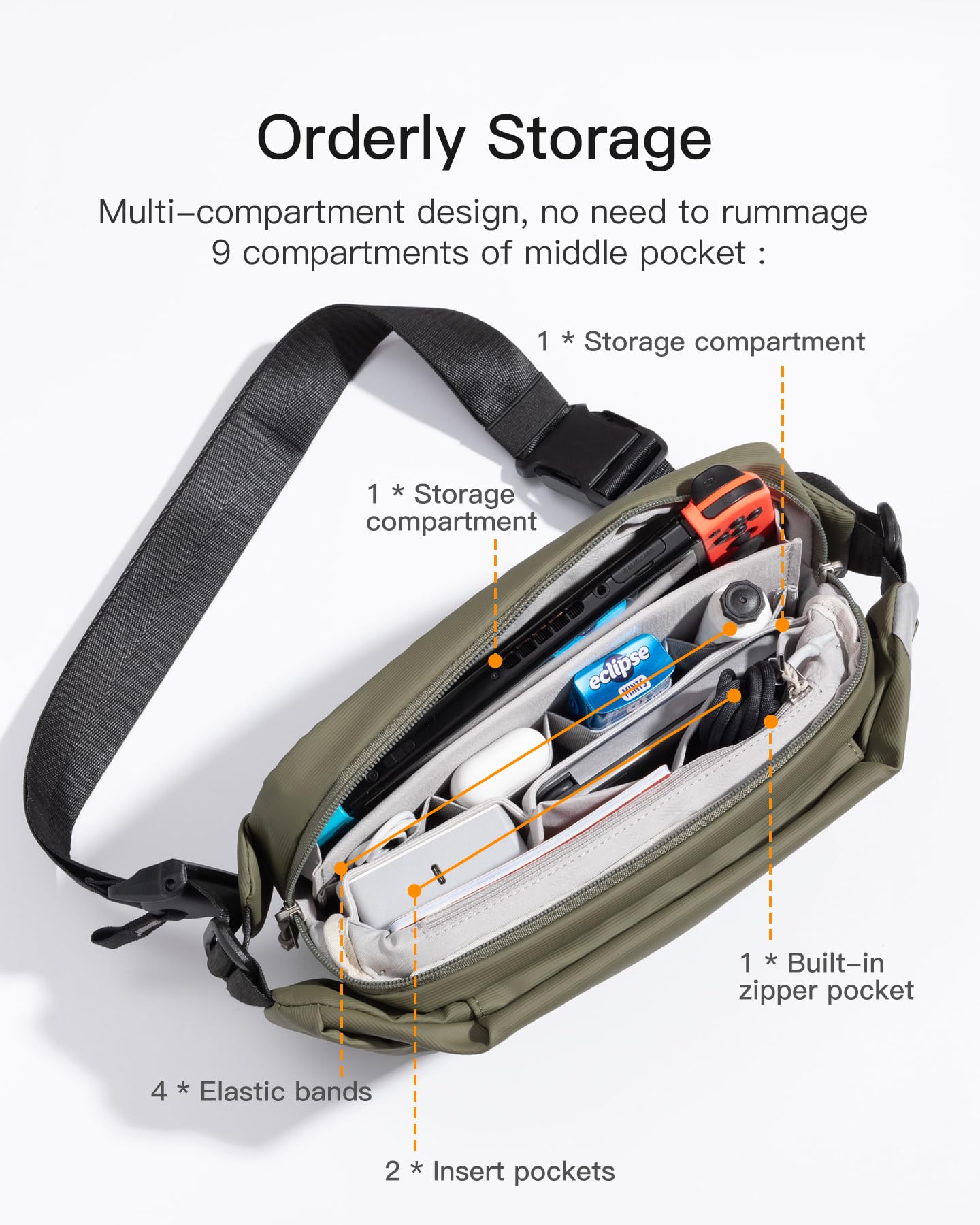 Inateck Sling Bag X, Multi-pocket Crossbody Shoulder Chest Bag with Adjustable Shoulder Strap, Water-resistant Waist Fanny Pack for Men, Women, Travel, Daily Use, Cycling, Hiking, Black, Large