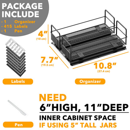 SpaceAid Pull Out Spice Rack Organizer for Cabinet, Heavy Duty Slide Out Seasoning Kitchen Organizer, Cabinet Organizer, with Labels, 5.2" W x10.75 D x10 H, 2 Drawers 2-Tier