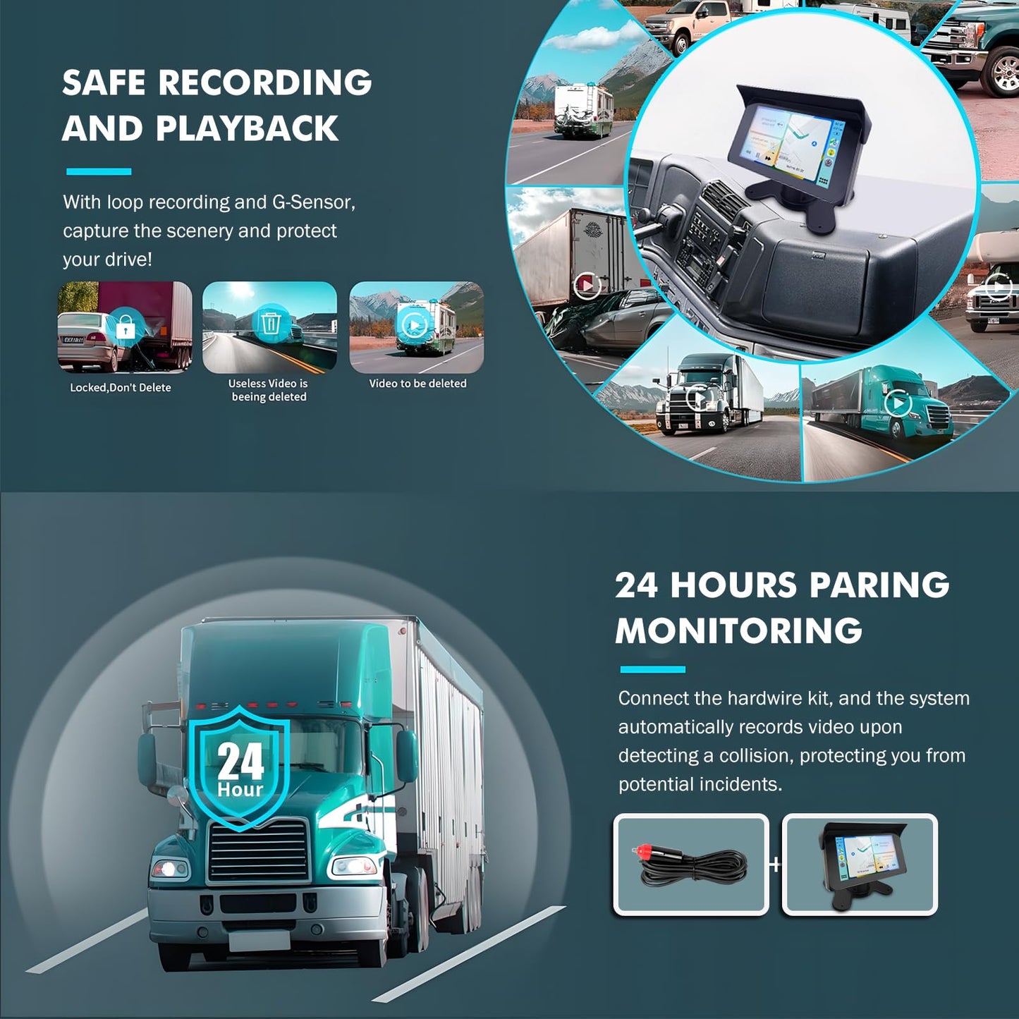 VSYSTO Truck Carplay, 5" Touchscreen WiFi 3CH Truck Dash Cam, GPS Navigation, Parking Monitoring, Front and Left and Right Cameras, Infrared Night Vision, Wired Controller, Temperature Display