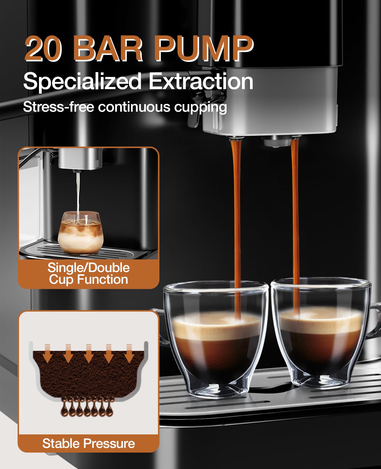 Super Automatic Espresso Machine & Coffee Maker, 20Bar Pressure, Built-in Conical Burr Grinder & Milk Frother, 6 One-Touch Recipes, Auto Clean, 1.5l Water Tank, for Home Office, 120v, Black&Silver