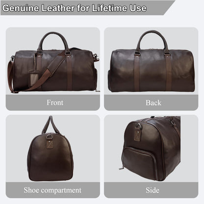 Yevabo Genuine Leather Duffel Bag for Men & Women, Cabin Friendly Carry-On Weekender Bag for Gym Travel Overnight Trips, Brown