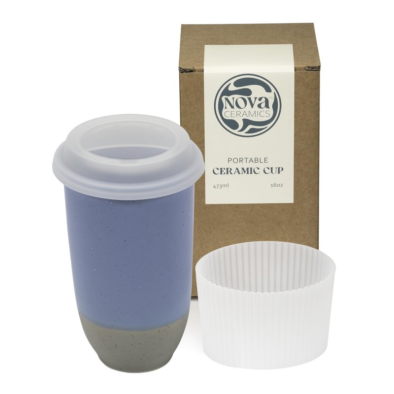 NOVA CERAMICS Travel Mug - Ceramic Coffee Mug With Lid – Microwave & Dishwasher Safe Coffee White & Grey Tumbler - Fits In Cup Holder – 16oz – Coastal Drift