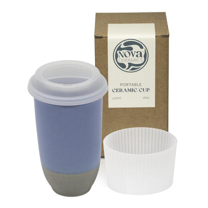 NOVA CERAMICS Travel Mug - Ceramic Coffee Mug With Lid – Microwave & Dishwasher Safe Coffee White & Grey Tumbler - Fits In Cup Holder – 16oz – Coastal Drift