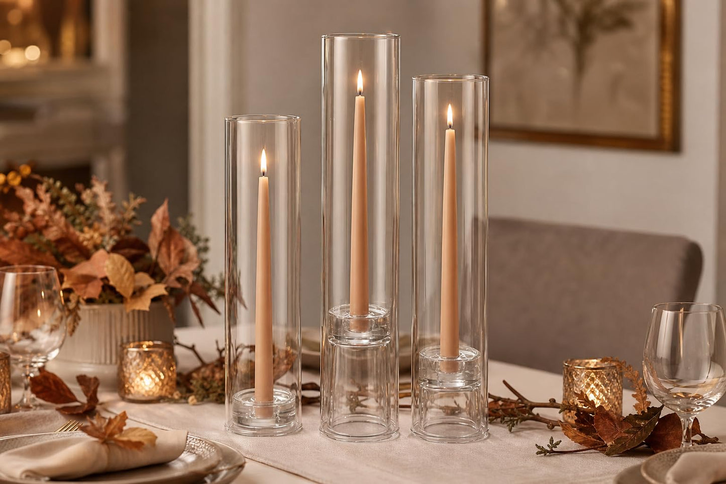 Yummi Set of 12 Taper Candles, Chimney and Taper Holders - Sandstone