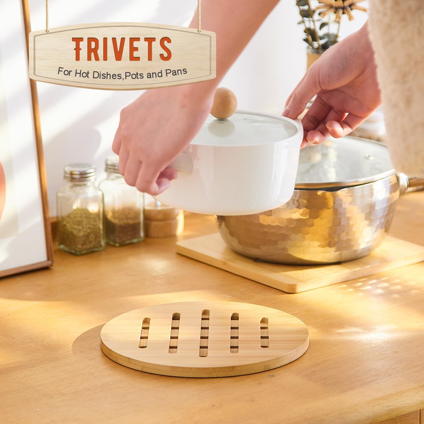 GHWIE Bamboo Trivet with Stand - Heat Resistant Pot Holders for Kitchen, Multi-Purpose Pads, Plate Mats, Large Stove Mat - Air Fryer Accessories and Trivets for Hot Dishes, 4 PCS