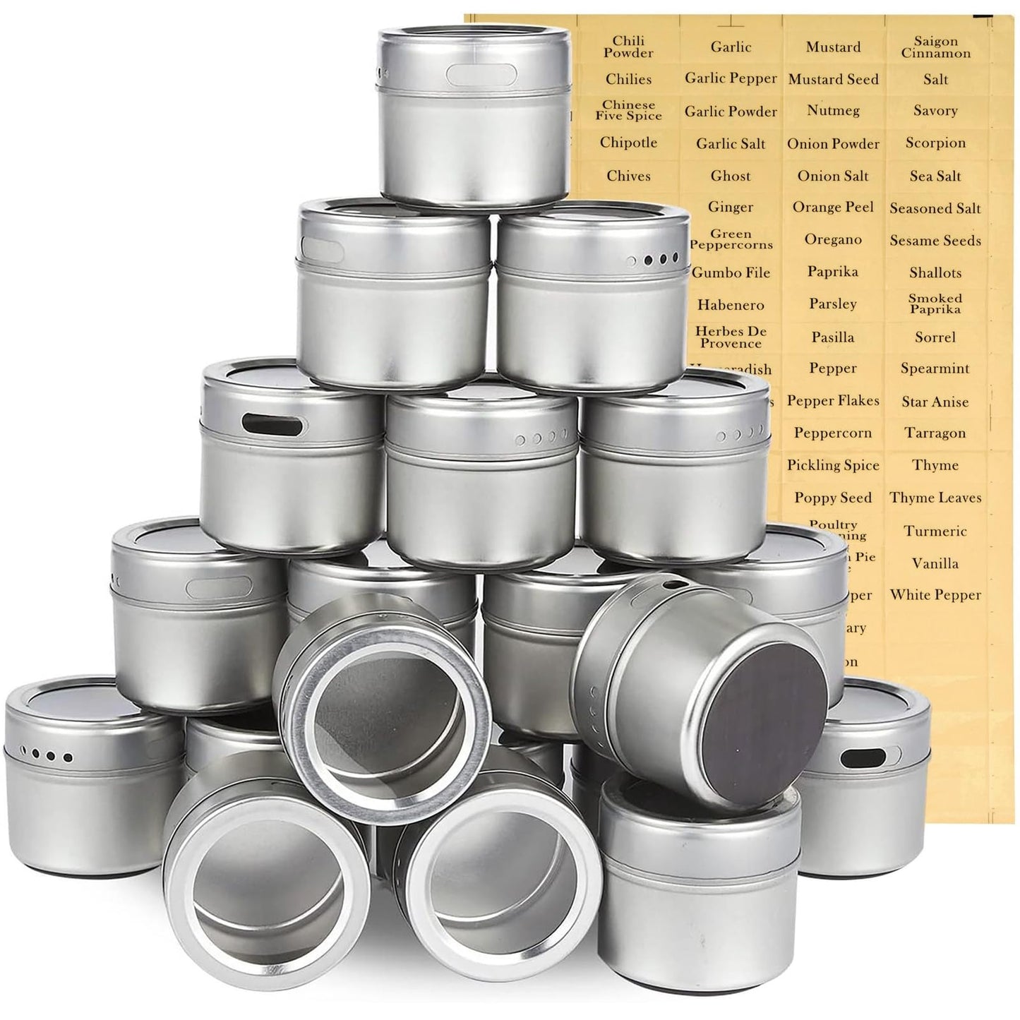 Juvale 20 Pack Magnetic Spice Containers for Refrigerator with 94 Labeling Stickers, Seasoning Jars with Clear Sift and Pour Top Lids (3.4 oz Magnetic Spice Jars)
