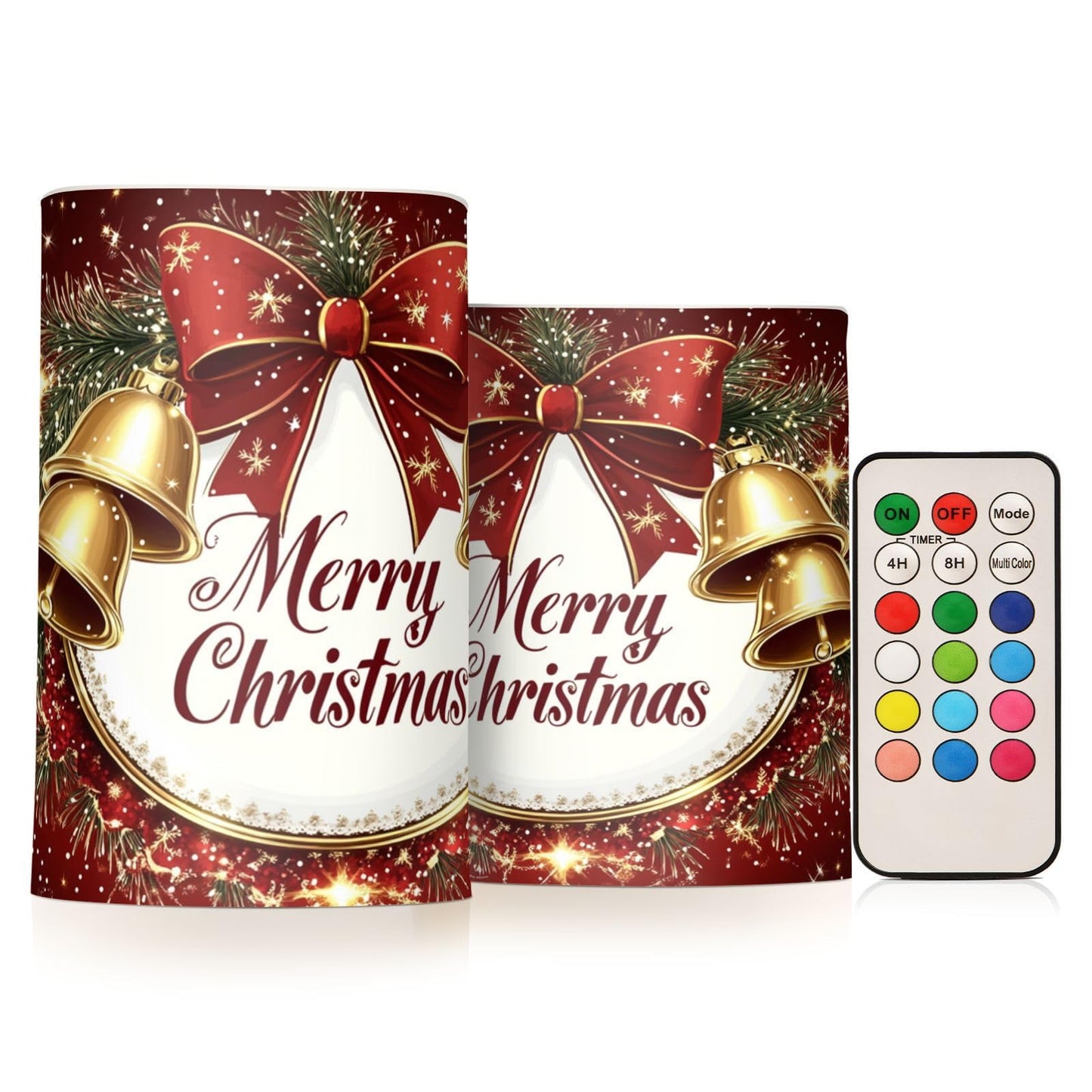 Eionryn Christmas Golden Bells Red Bow Flameless Candles Battery Operated LED Candles with Remote Timer Electric Candles for Home Party Decor 2pcs