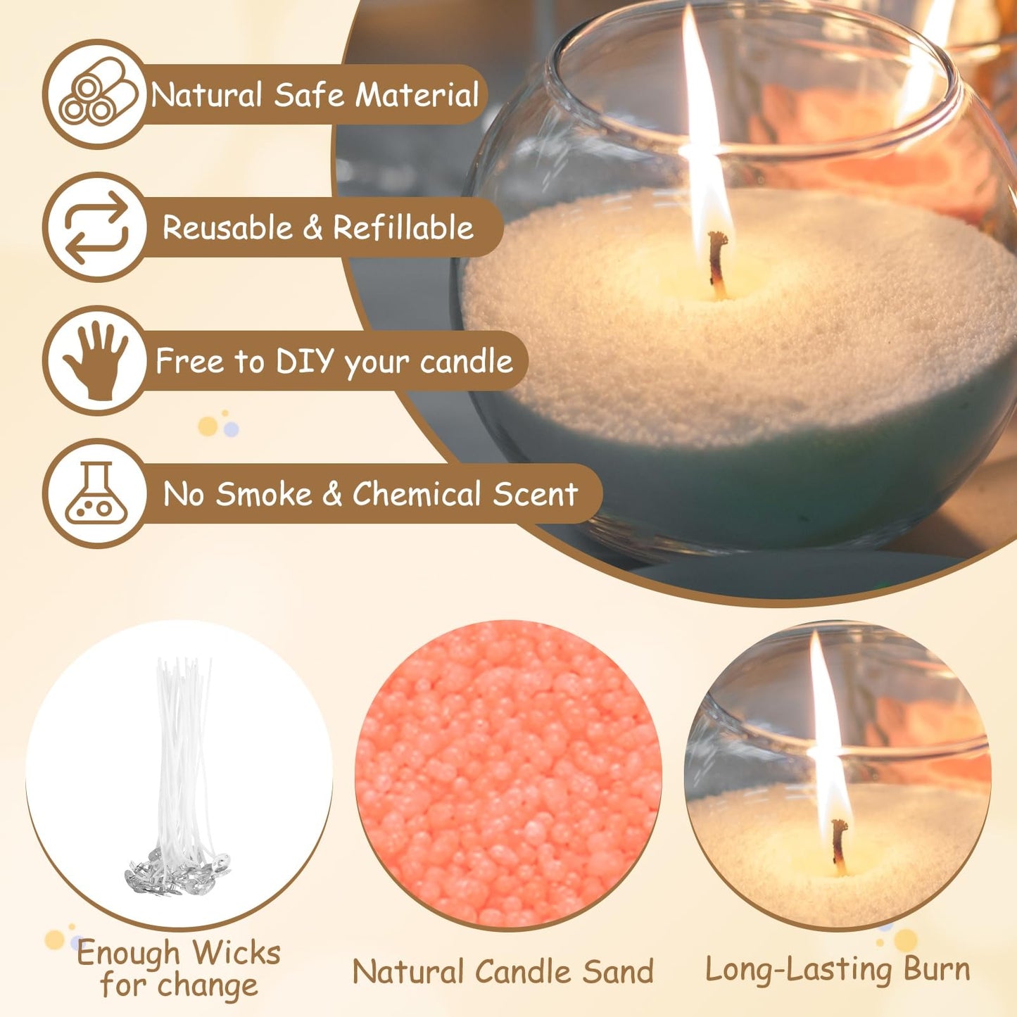 MECCANIXITY Pearled Sand Candles with 50 Pcs Wicks 21Oz / 600g Candle Beads Refillable Powder Sand Wax Making Kit for Thanksgiving Christmas Wedding Party DIY Home Crafts, Orange