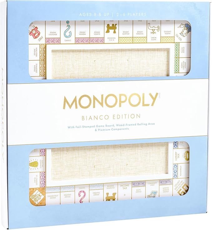 WS Game Company Monopoly Bianco Edition White Wood Board Gold-Tone Tokens Grasscloth-Textured Center Solid Wood Houses &amp Hotels Premium Accessories Board Games for 2-6 Players