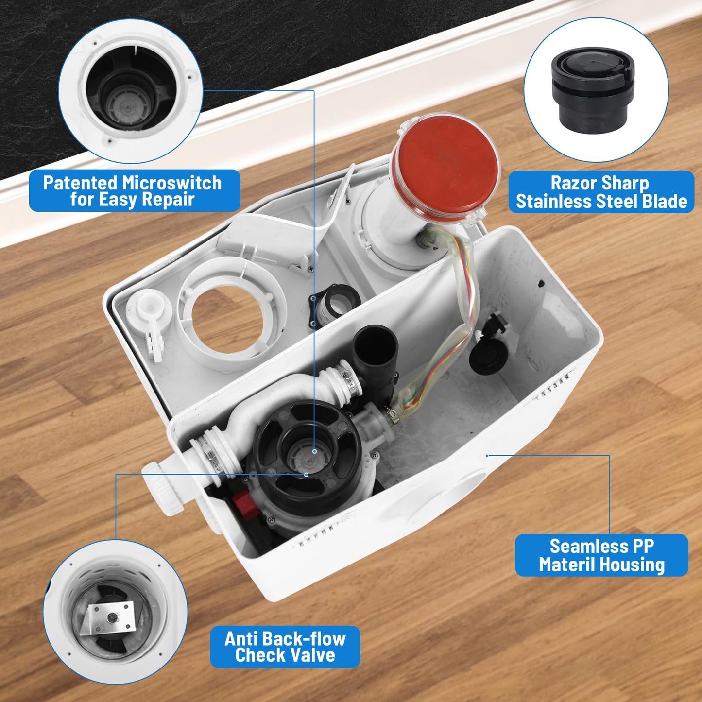 800Watt Macerator Pump for Basement Upflush System, Macerating Toilet Pump with 4 Water Inlets & 2 Outlets for Kitchen/Sink/Basin/Toilet Waste Water Disposal, 36ft Vertical Pumping