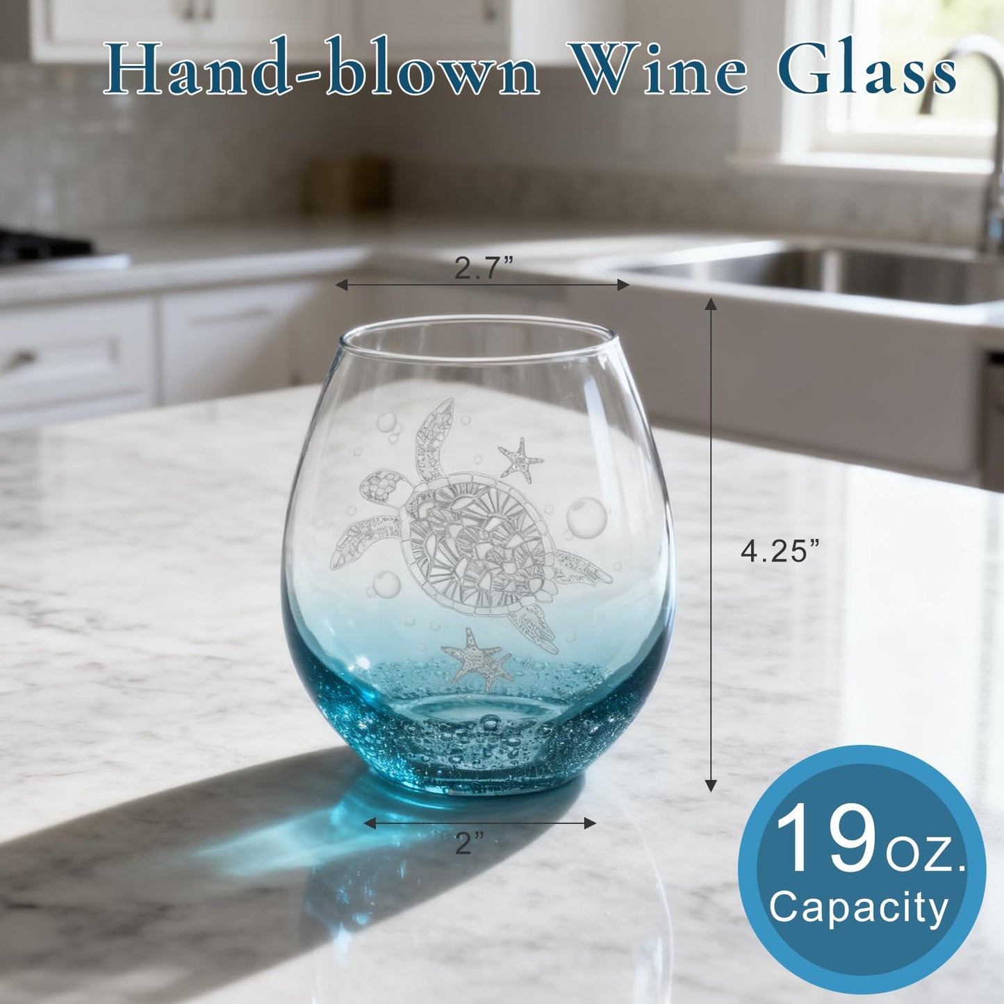 Sea Turtle Stemless Wine Glass - 19oz Hand-blown Blue Bubble Base Glassware-Unique Birthday Gifts for Women & Turtle Lovers-Coastal Ocean Decor for Beach House & Parties-Gift Box Included(Bubbly Teal)