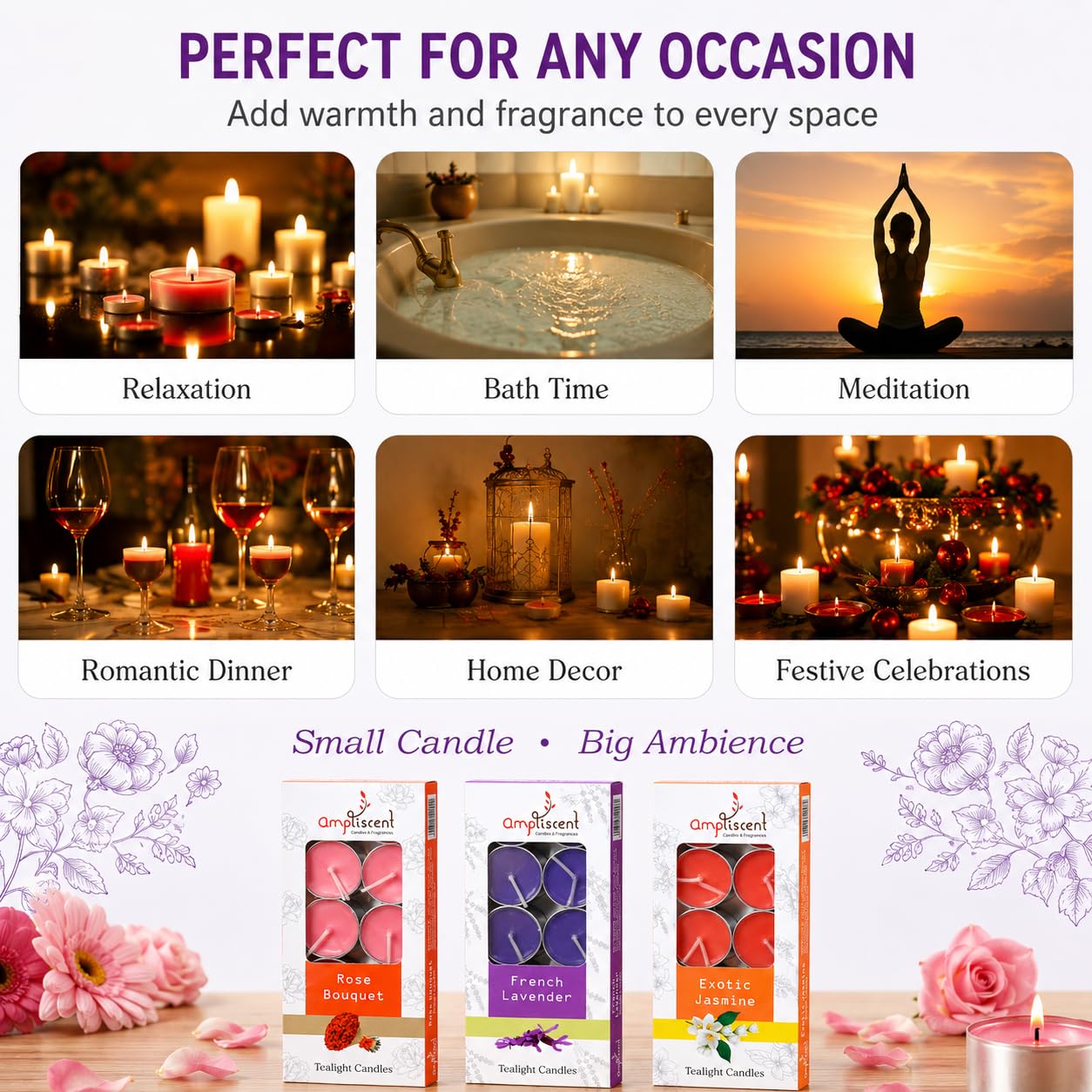 Ampliscent TeaLights Candles I Rose + French Lavender + Jasmine I Pack of 3-30 Premium Tealights I Long-Lasting Aroma | Scented Wax Tealights for Home Decor, Meditation, Christmas & Holiday Gifts