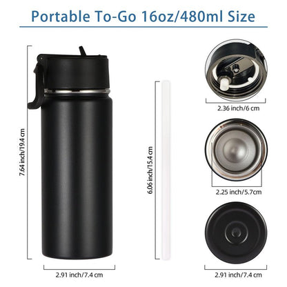 Volhoply 16 OZ Kids Water Bottle Bulk 8 Pack,Insulated Sports Bottles with Straw Lid,Stainless Steel Bottle with Handle Keep Cold & Hot,Double Wall Vacuum Tumbler Cups for School,Girls(Black, 8)