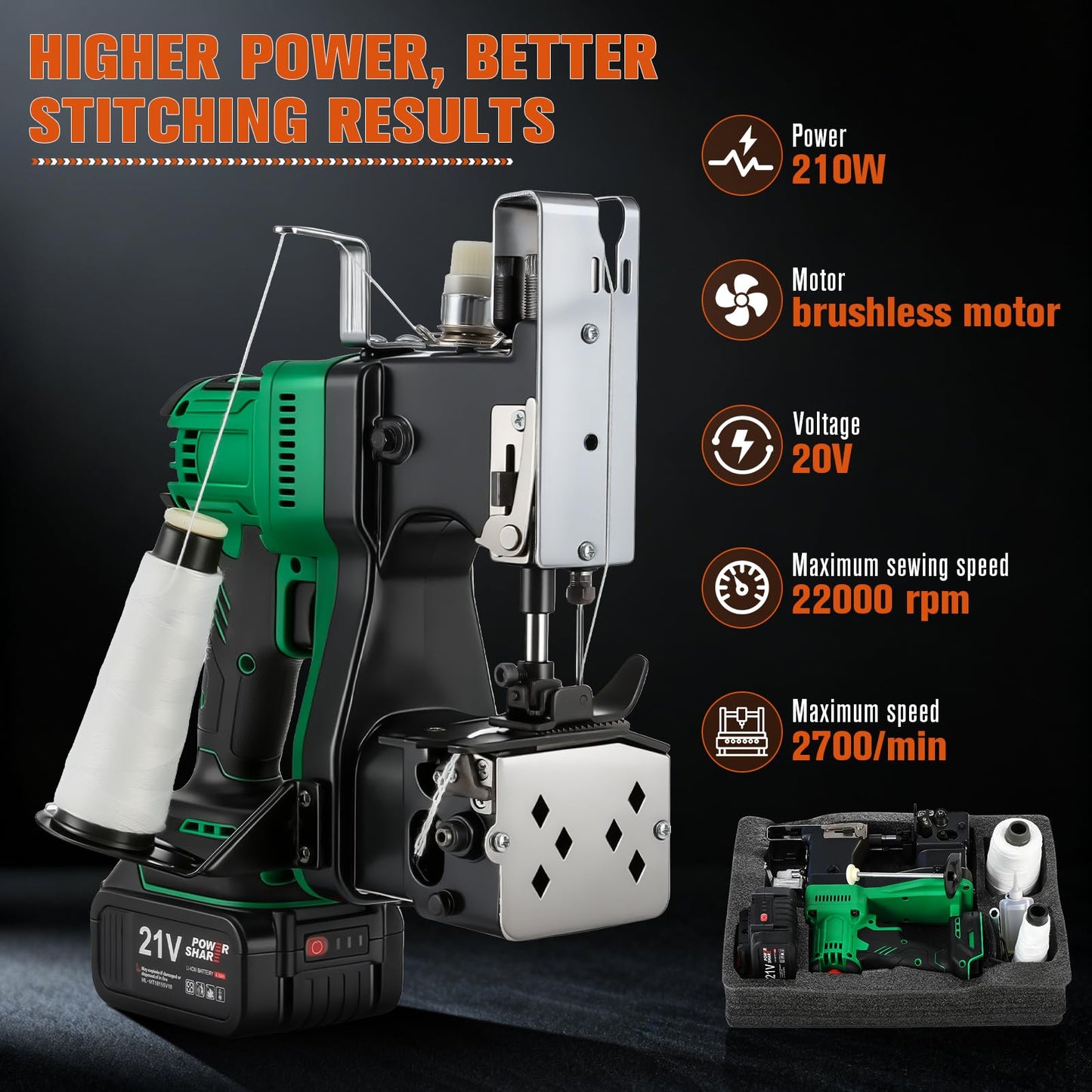 Cordless Bag Closing Machine with 2x3.0A Batteries, Brushless Motor, Battery Bag Sewing Machine Portable Bag Closer Stitcher Packing Machine for Feed Sacks, Rice Bags, Burlap Sack