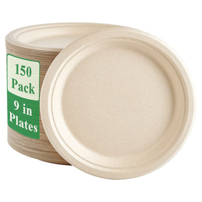 Vplus 150 Pack Paper Plates 9 inch 100% Compostable, Heavy-Duty Disposable Paper Plates Bagasse Natural Biodegradable Eco-Friendly Sugarcane