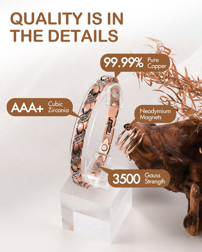 Feraco Pure Copper Bracelets & Rings for Women, Ultra Strength Magnetic Bracelet with 3500 Gauss Magnets & Sparkling Cubic Zirconia, Adjustable, Infinite Symbol