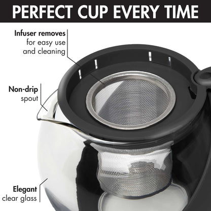 Primula Half Moon Teapot with Removable Infuser, Glass Tea Maker with Reusable Fine Mesh Stainless Steel Filter, Dishwasher Safe, 40-Ounce, Black