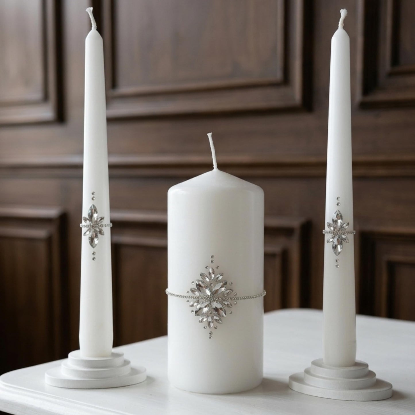 Magik Life Unity Candle Set - Wedding Ceremony & Reception – 6” Pillar & Two 10” Taper Candles – Long Burning Unity Candles for Marriage Ritual – Handmade in USA –White|Cristal|Classic