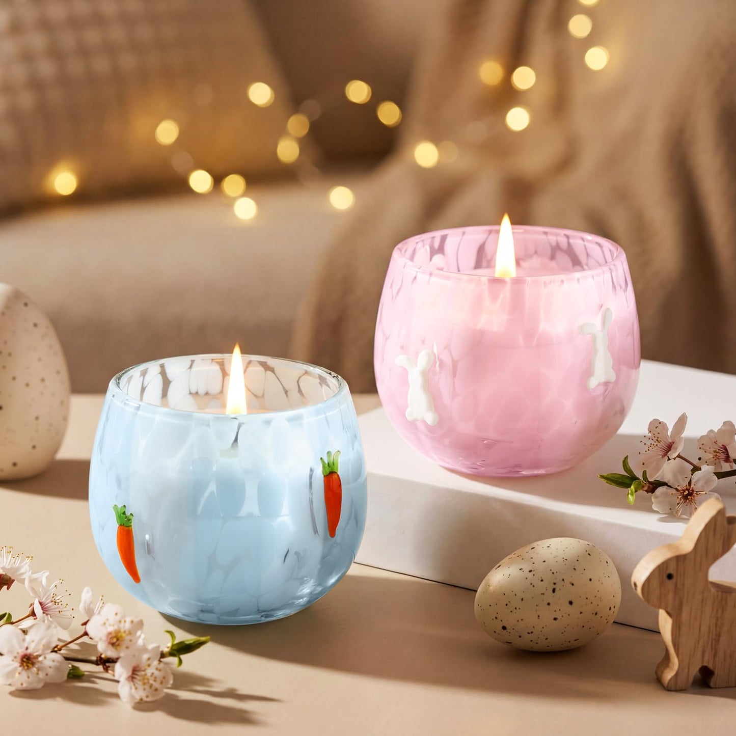Treela Set of 2 Decorative Spring Easter Candles, 7oz Bunny & Carrot Soy Wax Icon Glass Jar Candles, Spring Home Table Centerpiece Decor, Easter Gift for Women Party Favor