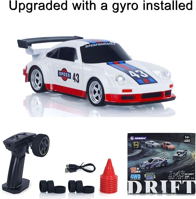 1/43 High Speed 2.4 GHz Mini RC Drift Car with 4 Wheel Drive Motor ESC Servo Motor Lighting Battery Charging Cable Gyroscope Hobby Grade Model for Birthday Gift
