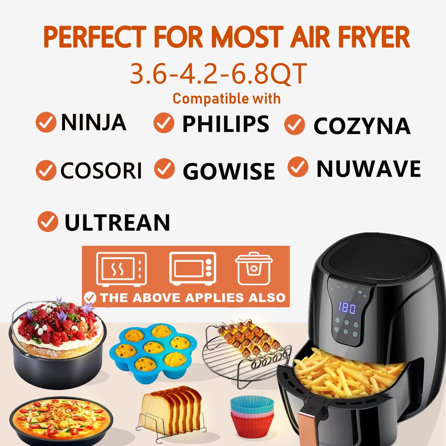 18 PCS Air Fryer Accessories, 8 Inch XL Deep Fryer Accessories Compatible with Gowise USA Phillips Ninjia Cosori Cozyna Air Fryer, Fit 3.6QT- 6.8QT Air Fryer with Cake Pan, Pizza Pan, Air Fryer Liner