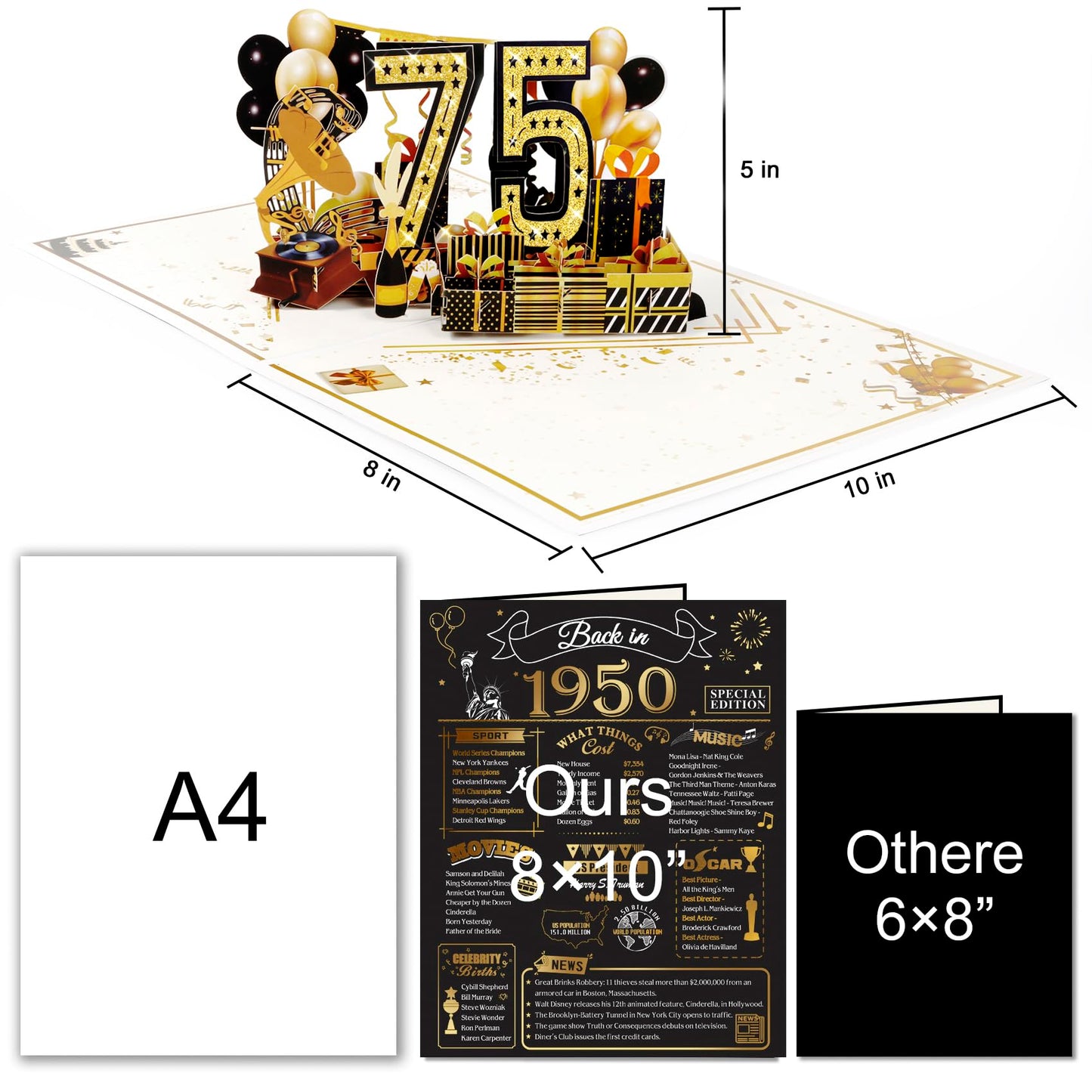 OLOSONG 75th Birthday Card for Men Women, Funny 3D Pop Up 75th Birthday Gifts for Grandma Mom Dad, Back In 1950 Happy 75 Year Old Birthday Decorations Cards for Her Him