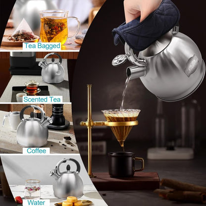 BAERFO Tea Kettle, 2.64 Qt Tea Pot Stovetop, Premium 304 Food-Grade Tea Kettle Stovetop, Resounding Sound, Vintage Aesthetics, with Pot Holder (Brushed)