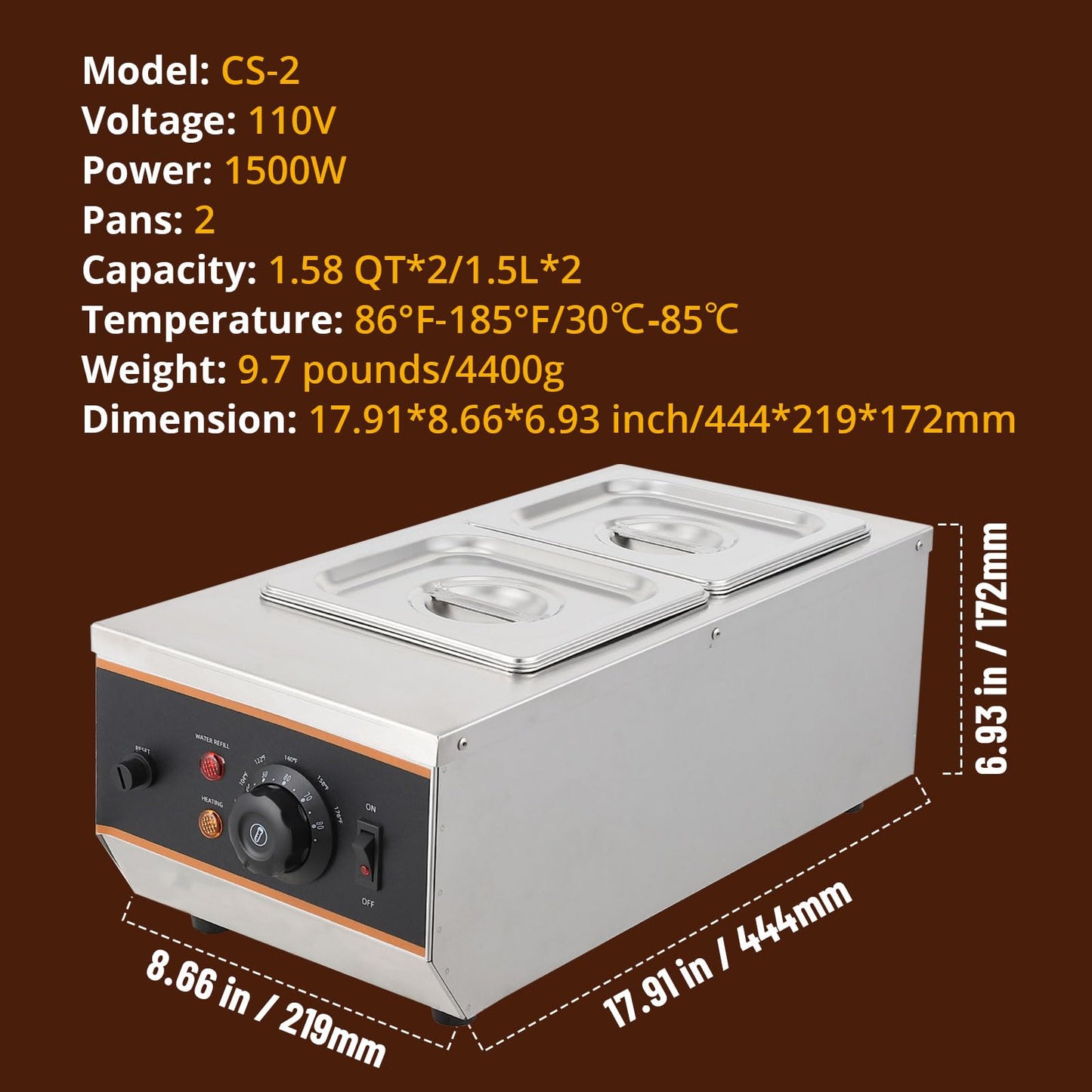 GarveeHome Chocolate Tempering Machine - 1.58 QT *2 Tanks, 6 LBS Capacity, TEMP Control 86~185℉, 800W Stainless Steel Electric Commercial Food Warmer for Chocolate/Milk/Cream Meltingream Melting