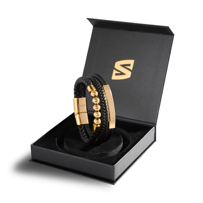 SERASAR Men's Bracelets 20cm Gold Gift Box Genuine Cowhide Leather Braided Adjustable Magnetic Clasp Multilayer Jewelry Rope Male Band Accessories
