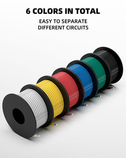 NAOEVO 16 Gauge Wire 120ft, 16 AWG Wire 6 Colors 20ft Each Spool, Flexible Silicone Tinned Copper Electrical Cable, Wiring kit for Breadboard/Automotive/DIY/Battery, 200℃