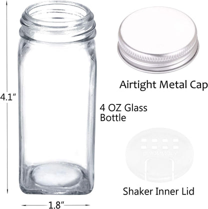 SWOMMOLY 48 Glass Spice Jars with 713 Spice Labels, Chalk Marker and Funnel Complete Set. 48 Square Glass Jars 4OZ, Airtight Cap, Pour/sift Shaker Lid