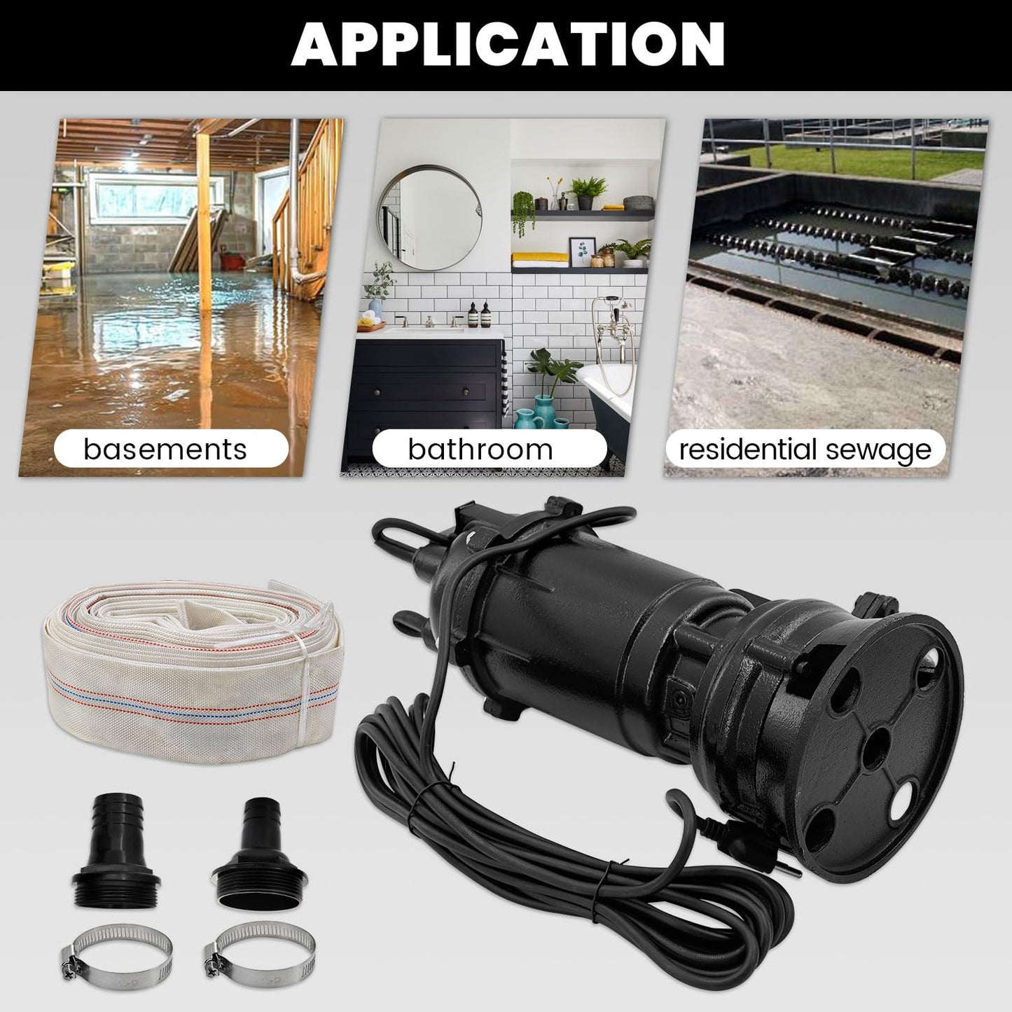 Yutmatin 2HP 110V Submersible Sump Pump, 6498GPH Cast Iron Sewage/Effluent Pump 1500W with 66ft Hose and Automatic Float Switch, for Basement Sump and Sewage Well, 2 inch Discharge