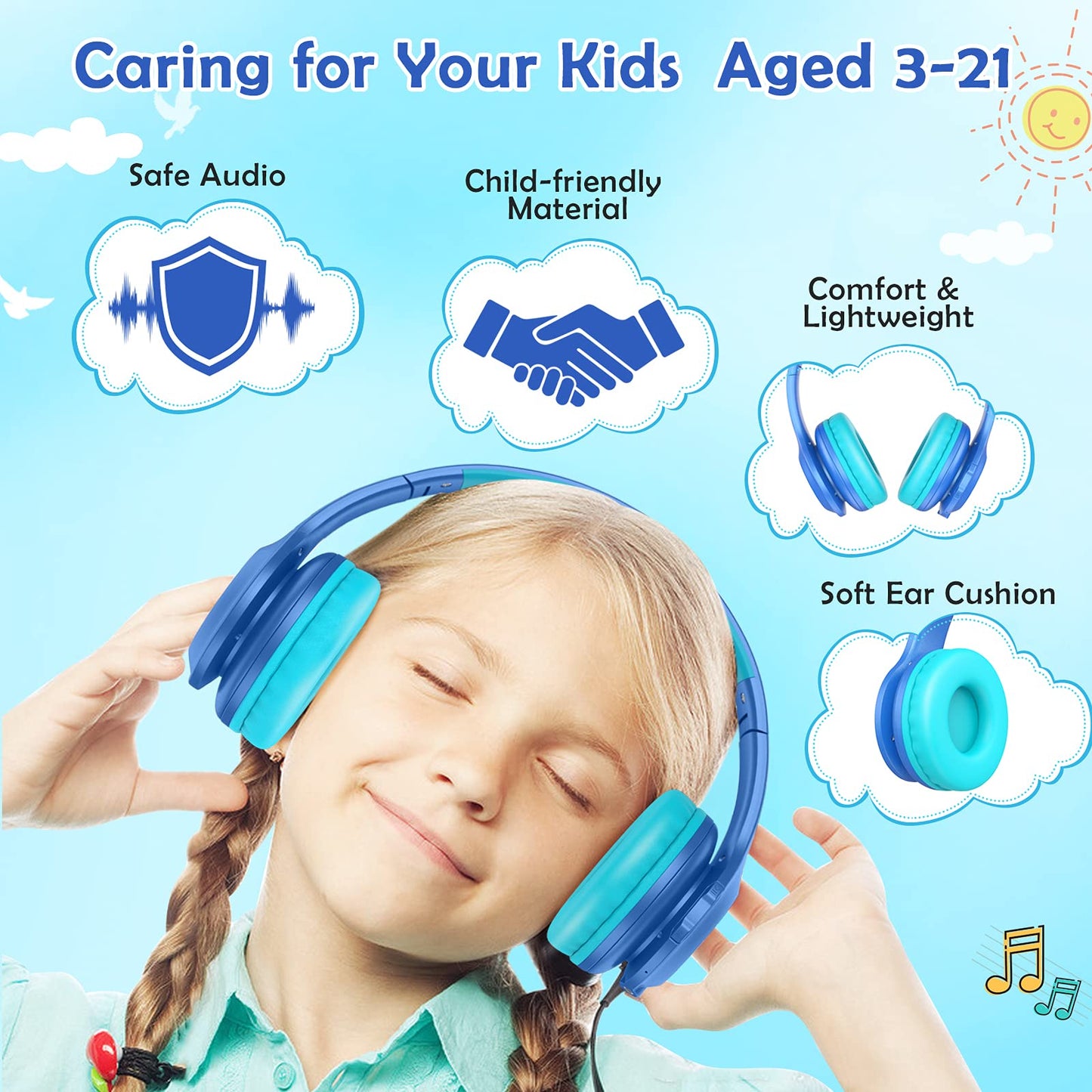 Candy Bila Kids Bluetooth 6.0 Headphones with LED Light, 85Hours Playtimes, Type-C Fast Charging, 85/94dB Volume Limited, Comfort Wireless Headphones with Built-in Mic, Wired & TF Card Mode, Blue