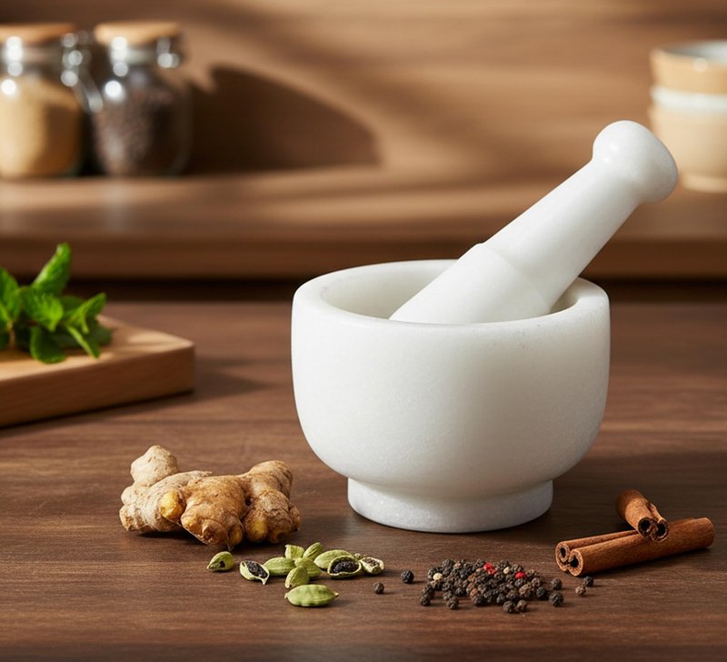 KLEO 5” Natural Stone Mortar and Pestle Set – Heavy Duty Spice & Herb Grinder, Guacamole Masher,Non-Porous, Odor Resistant – Garlic Crusher, Seed Grinder, Kitchen Tools(White)