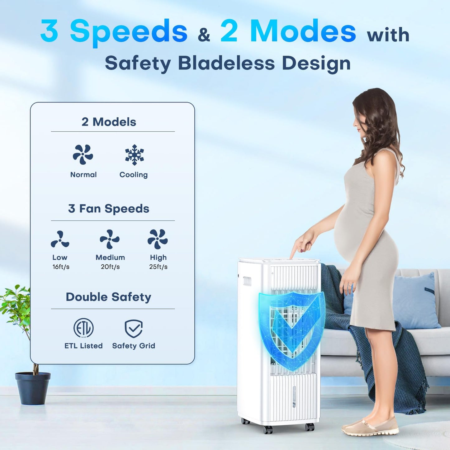 MYICY Evaporative Air Cooler, 25 Inch Swamp Cooler Air Conditioner w/Double Tanks, 7H Timer, 16ft Remote, 3 Ice Packs, 70° Oscillation, 3 Speeds & 2 Modes, 60W Portable Windowless Air Conditioner