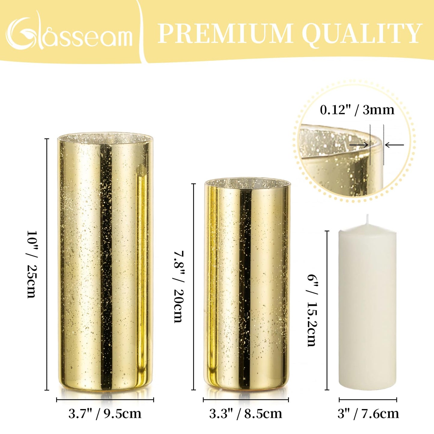 Glasseam Glass Cylinder Gold Candle Holder, Set of 12 Hurricane Candle Holders for Pillar Candles, Modern Mercury Floating Candle Holders for Table Centerpiece Wedding Living Room Home Decor