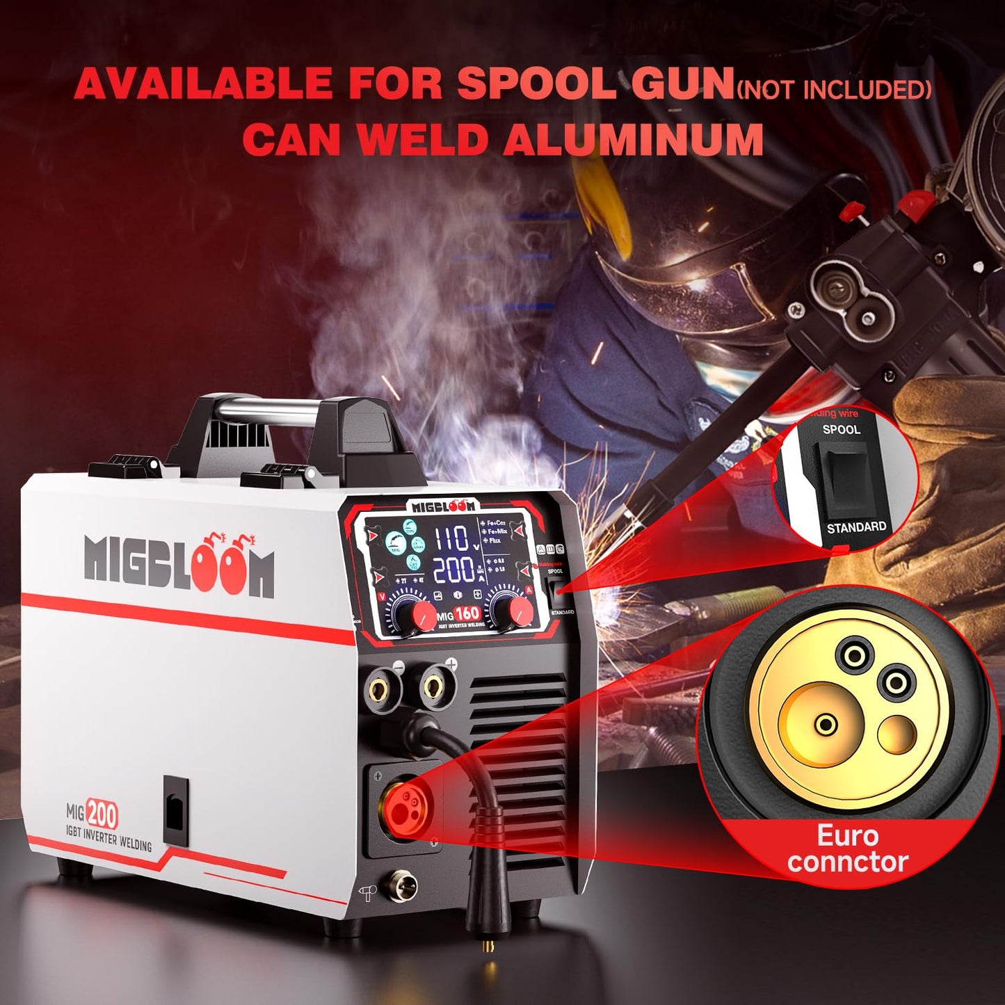 MIGBLOOM 200A Mig Welding Machine 110V/220V 6 in 1 Gas MIG/Gasless Flux Core/Stick/Lift TIG/Spool Gun/Syn Mig Welder Machine Multiprocess IGBT Inverter Welders
