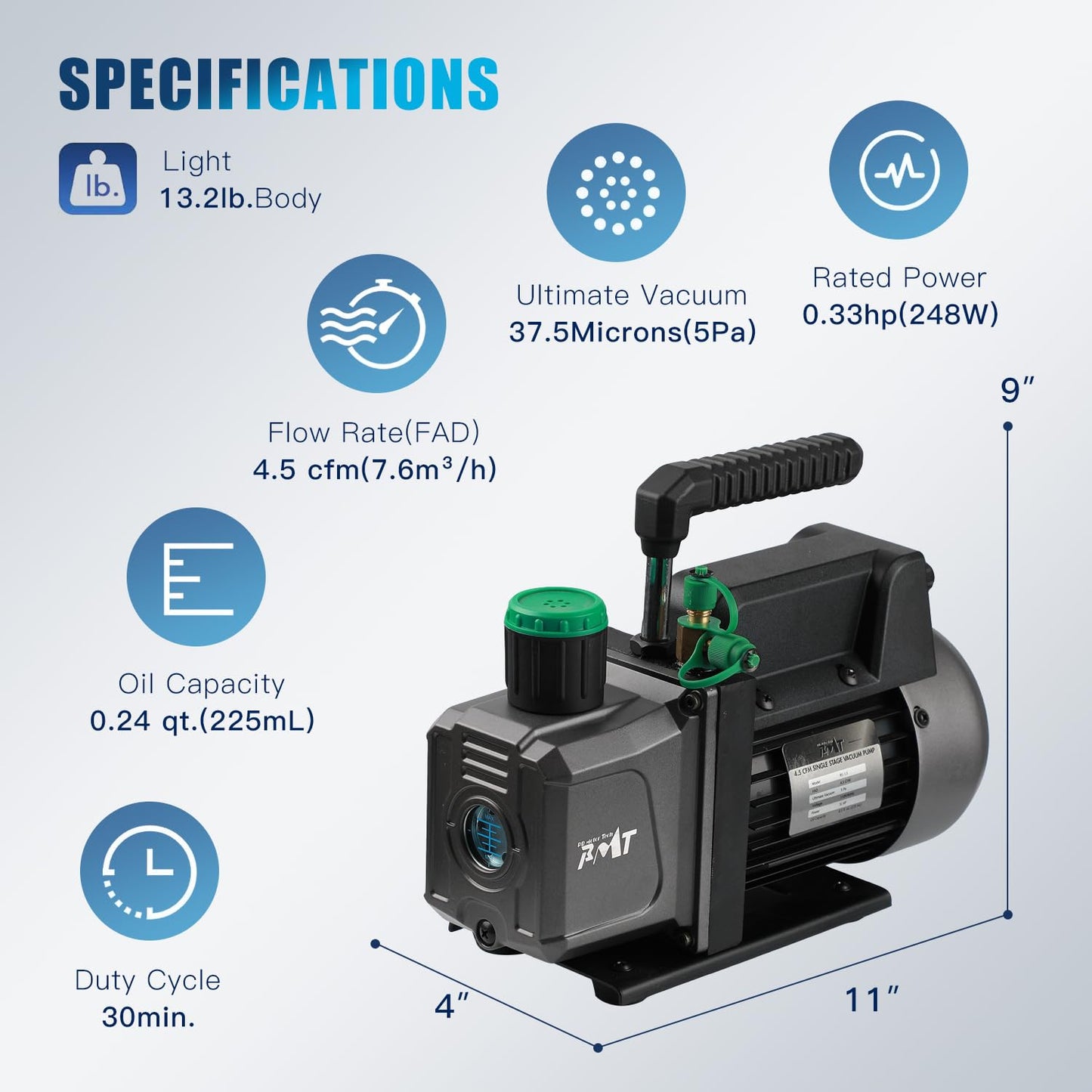 PB Motor TECH 4.5CFM 1/3HP Vacuum Pump with 4-Way AC Manifold Gauge Set for R134a R22 R410a - Includes Leak Detector, Puncture Can Tap, and More
