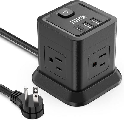 Power Strip with USB, FDTEK Flat Plug Extension Cord with 4 AC and 3 USB, 5 FT Power Cord Desktop Charging Station, Overload Protection, Compact Portable for Travel Home Office Cruise Ship - Black