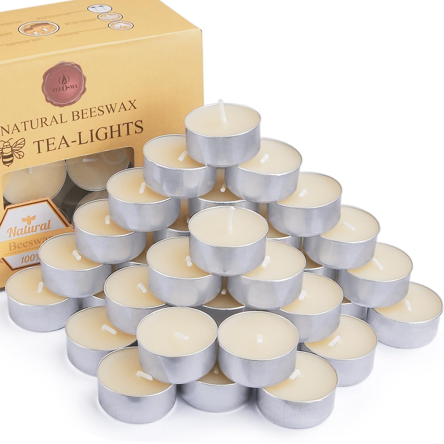 Natural Ivory White Beeswax Tealight Candles in Metal Aluminum Cup - Organic Small Candle Natural Scent Smokeless 4-5 Hours Burning - Pack of 36