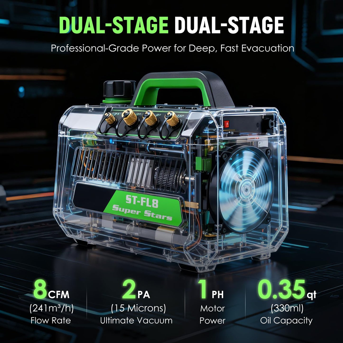 Antstone Dual Stage HVAC Vacuum Pump 1 HP 8CFM Rotary Vane Air Vacuum Pump 2 Pa 15 Micron Smart Oil Change System for HVAC Air Conditioning Refrigeration Maintenance A2L R32 R22 Compatible