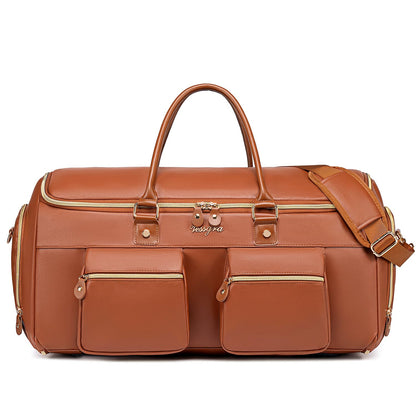 Suit Bag,Vessgra 56L Garment Bags for Travel,2 in 1 Leather Duffle Bags for Men Women, PU Leather Convertible Travel Bag with Shoe Compartment,Work Weekender Bussiness Wedding,Reddish Brown