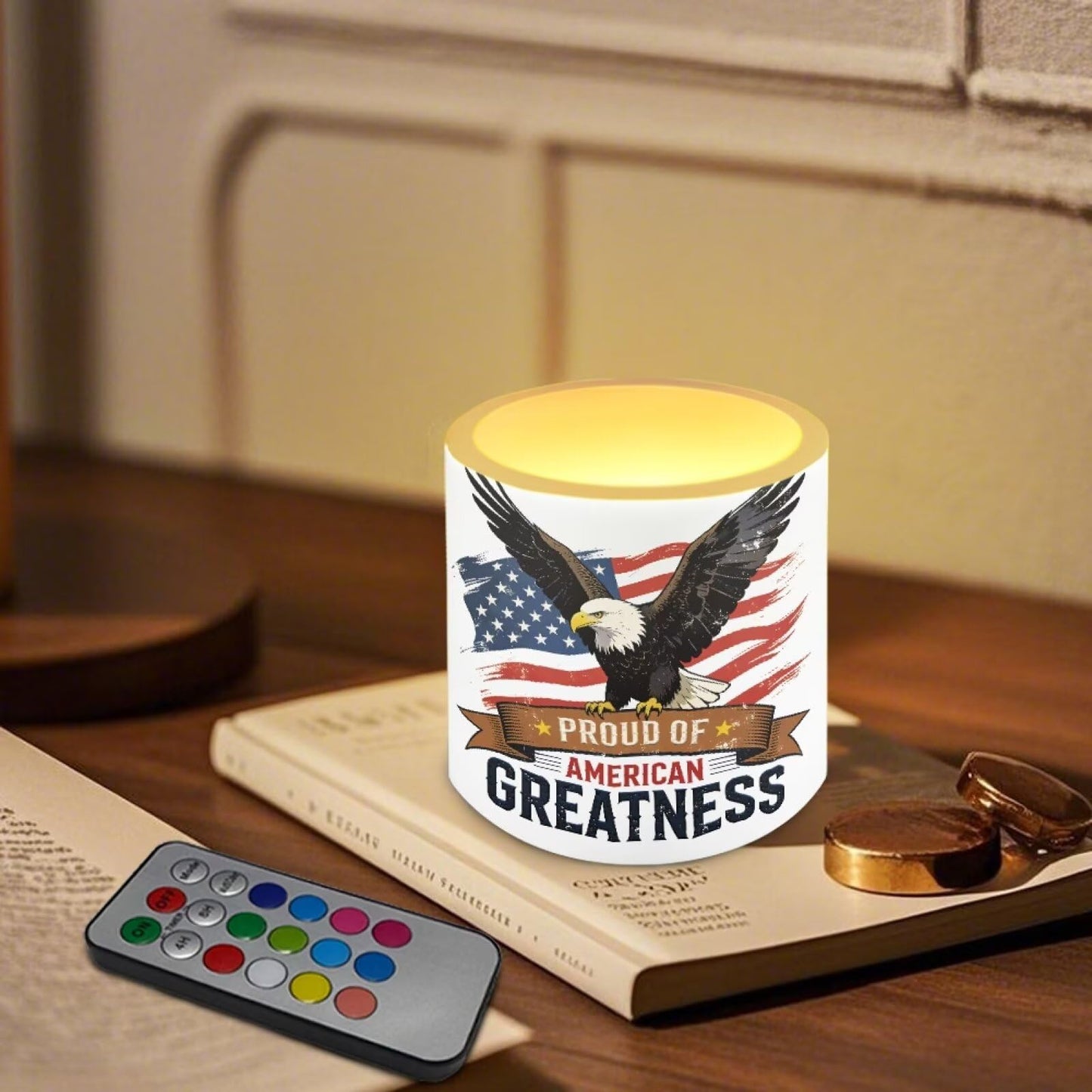 NETILGEN 3 inch Flameless LED Candles for July 4th Independence Day Decor Set of 4 Timer Remote Flickering Flameless Candles with Battery Operated American Flag Eagle 250th Anniversary