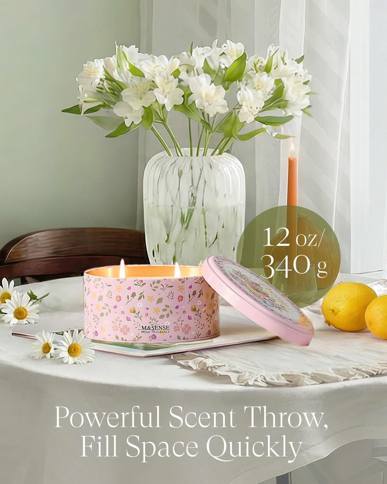 M&SENSE Dual-Wick Peony Scented Candle 12oz,2 Wick Spring Soy Candles,Mother's Day Candle, Natural Soy Wax for Home Scented, Floral Scented Birthday Gift for Her Women