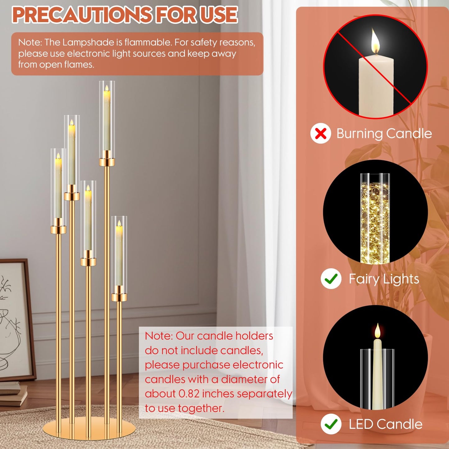 8 Set 5 Arm Gold Candle Holder, Mjkeomo 41.3'' Tall Candelabra Centerpieces for Tables Gold Candlesticks Holder for Housewarming Gift Fireplace Dinner Halloween Christmas Decor Fit 0.82'' LED Candle