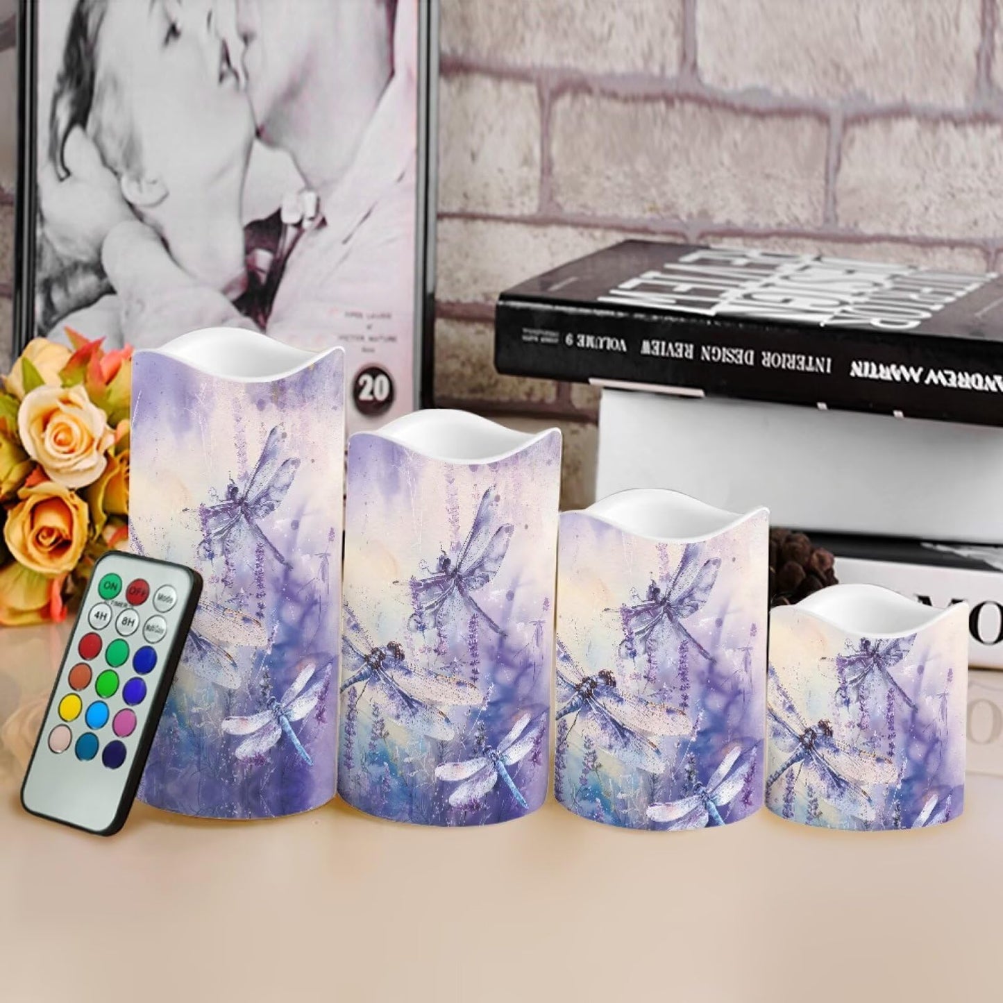 Cozeyat Purple Floral Holiday Season Flameless Candles 4 Pack Battery Operated LED Pillar Candles with Remote Timer Flickering Waterproof for Indoor Outdoor Decor