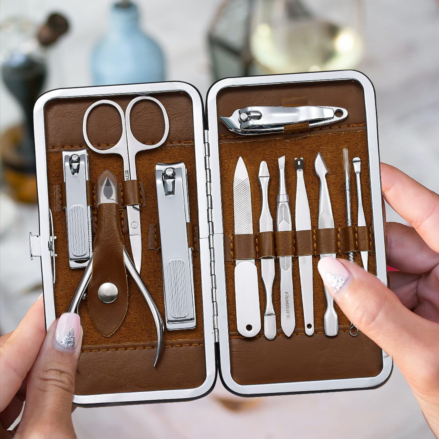 FAMILIFE Manicure Set, Nail Professional Kit Manicure Kits Nail Clipper Sets, 13PCS Stainless Steel Pedicure Sets Mens Grooming Tool, with Brown Leather Travel Case for Men
