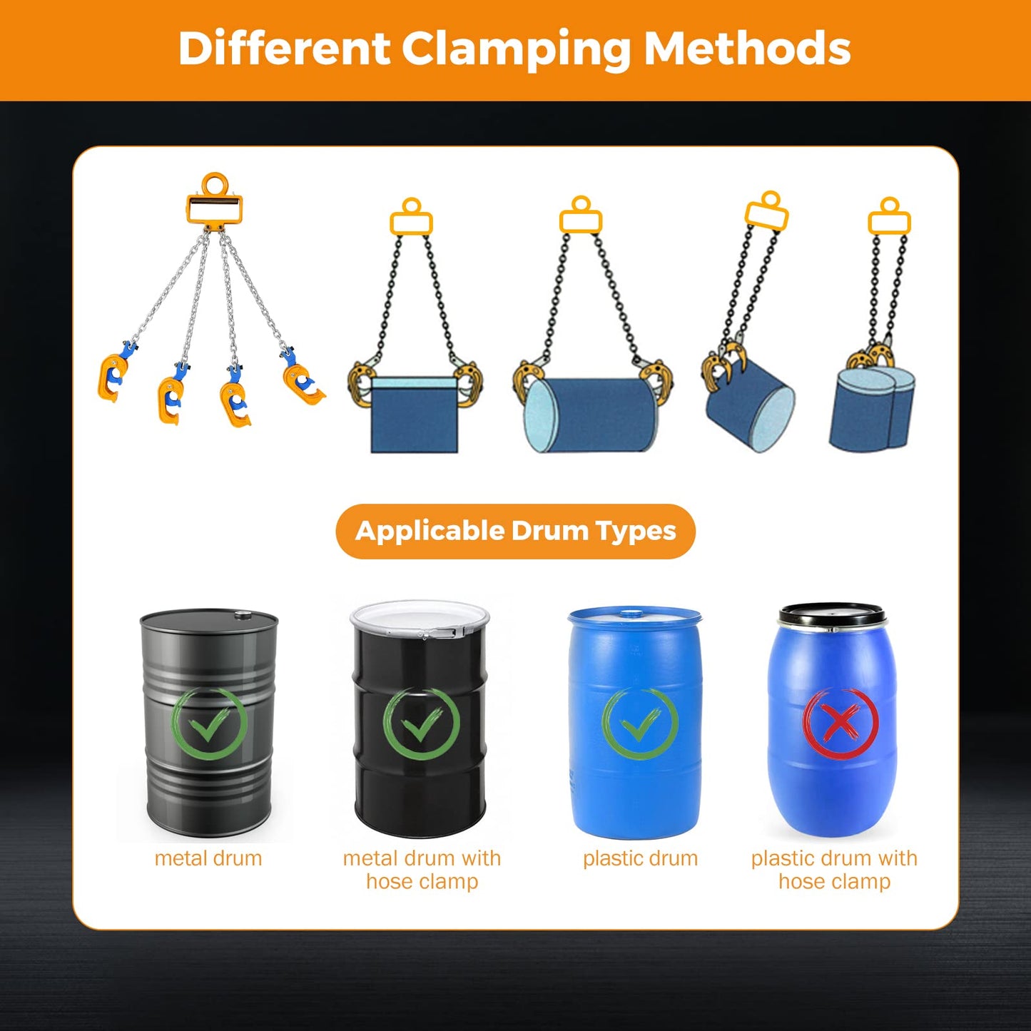 BEAMNOVA Upgraded Chain Drum Lifter, 2 Ton 4400 lbs for 30 & 55 Gallon Drums, 4 Hooks Double Chain Metal/Plastic Barrel Lifting Sling for Forklift, Hoist & Crane