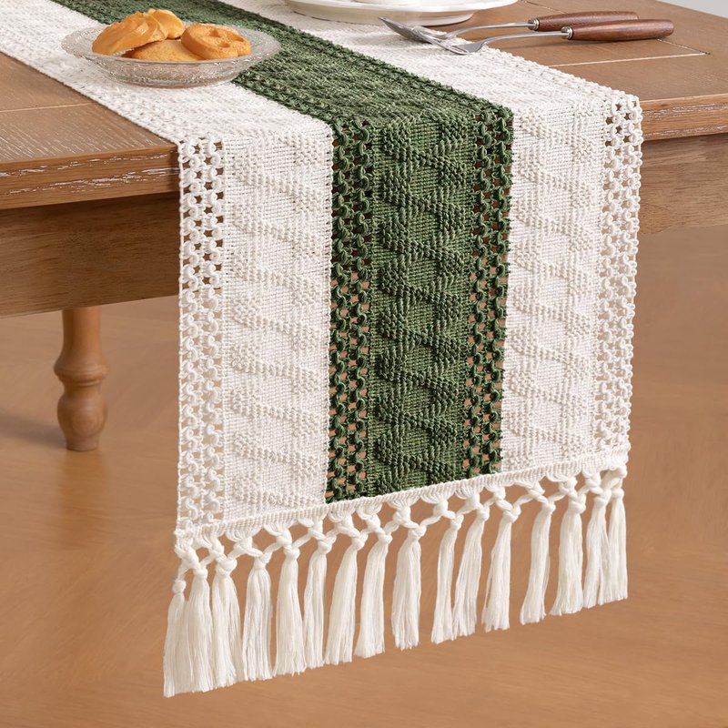 Socomi Boho Table Runner Summer Farmhouse Rustic Dining Kitchen Centerpiece Decor Small Macrame Woven Cotton Linen Coffee Table Runner for Dresser Scarf Home Decor 12x90 inch Olive Green