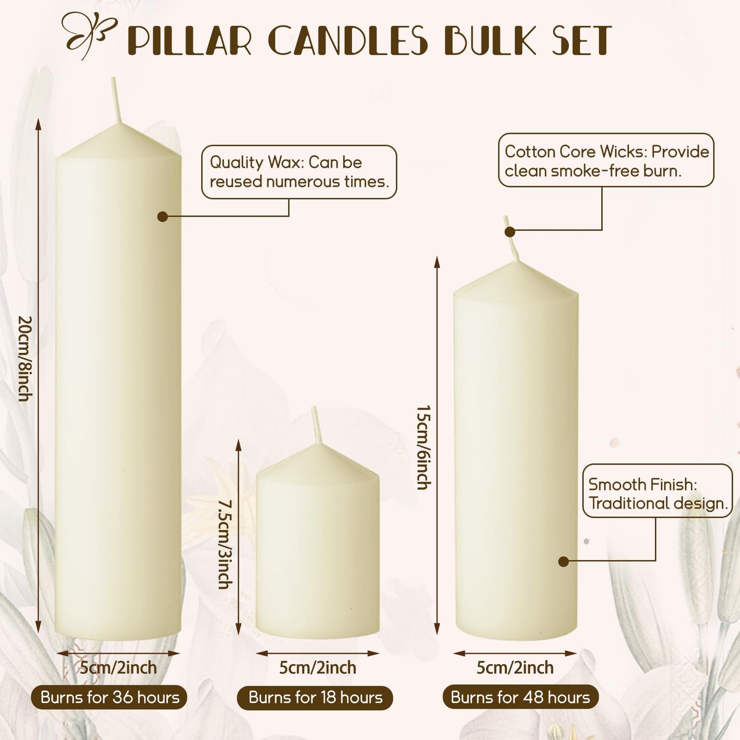 36PC Lvory Pillar Candles Bulk 2 in x 3, 6, 8 Inch Long Burning Wax Pillar Candles Unscented Smokeless Dripless for Wedding Centerpieces Spa Lantern Fireplace Home Christmas Thanksgiving Party Decor